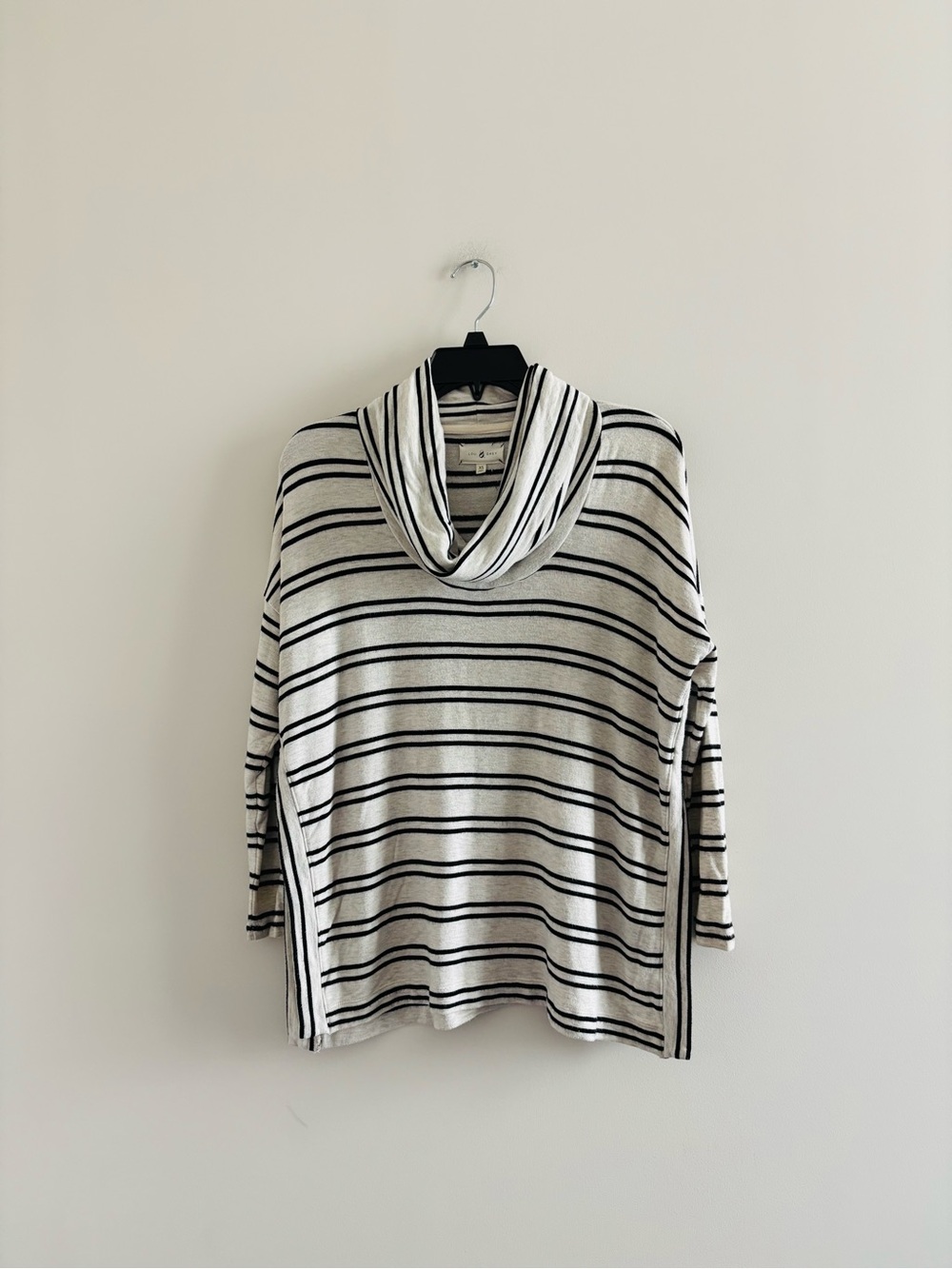 Lou & Grey Cowl Neck Top Soft Knit Long Sleeve Gray Navy Stripe XS Lounge Preppy
